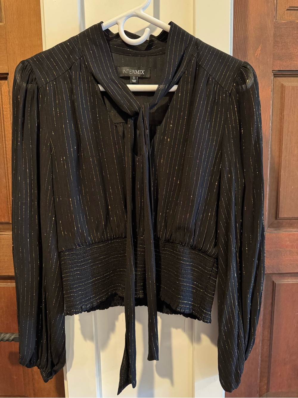 Intermix Tie-neck Blouse Black with subtle metallic gold vertical strip size 0